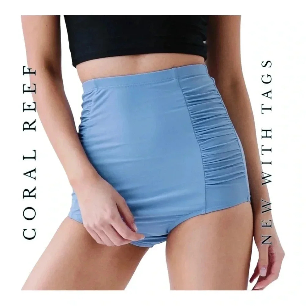 0795. CORAL REEF SUN BAKED SWIMSUIT‎ BOTTOMS SIZE LARGE RUCHED SIDES BABY BLUE